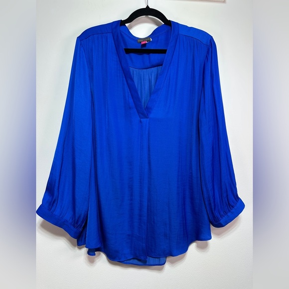 Vince Camuto | Blue Satin V-Neck Blouse - Picture 1 of 7
